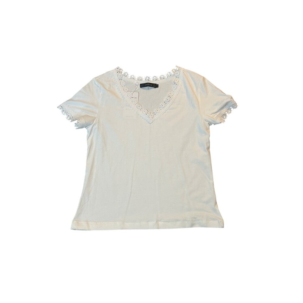 Womens White Lace Trim V-Neck Short Sleeve Top Size S By Zesica 1740